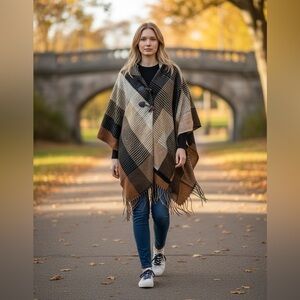 Vintage Plaid Women's Poncho Shaw with Toggle Buttons SO5063